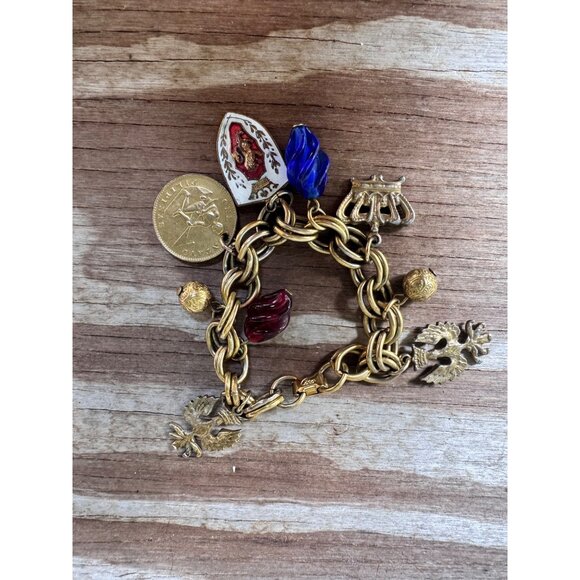 Vintage Coro Gold-Tone Charm Bracelet With Religious & Musical Motifs Red & Blue - Picture 1 of 8